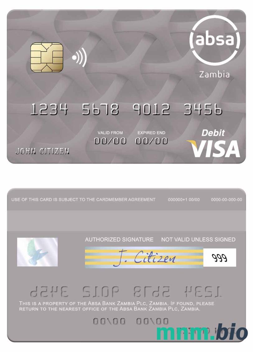 Zambia Absa Bank Zambia Plc visa debet karta przykład w formacie PSD